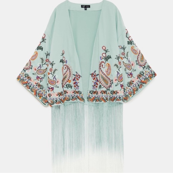 Zara trf collection Kimono Green Embroidered Fringe‎ Oriental Small/Medium NWT - Picture 1 of 12